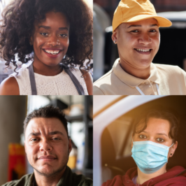 Mosaic of eight worker portraits, including delivery workers, kitchen staff, and drivers.
