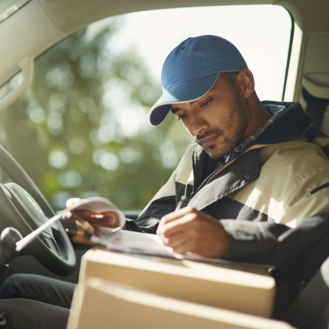 A delivery man reads addresses while sitting in a delivery van.