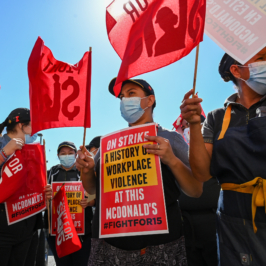 Rally goers hold Fight for Fifteen flags and signs that read "On Strike - A History of Workplace Violence at This McDonald's"