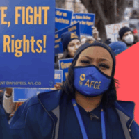 A Black woman government worker wears an AFGE royal blue mask, and carries a sign that reads, "STAND, UNITE, FIGHT for Workers Rights!". Unemployment Insurance, Unemployment, Unemployment benefits, Saftey Net, UI System, UI benefits, Federal Workers