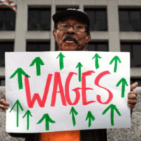 A Black man wearing a navy baseball cap and glasses in front of a municipal building holds a poster that reads, "WAGES" with upward green arrows. Raise the MInimum Wage, Living Wage, Raises, Increase minimum wage, Fair Wage movement,