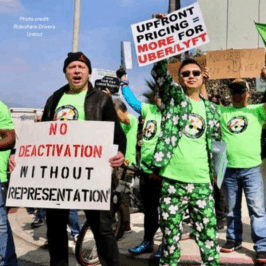 App-based drivers protest outside with signs reading “No deactivation without representation” and “Upfront pricing = more for Uber/Lyft,” calling for fair treatment and increased rights, included rights that can be won through passage of the Empowering App-Based Workers Act.