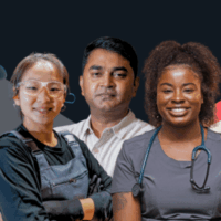 Five multi-ethnic workers from various industries in a goup