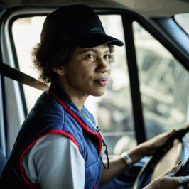 Woman delivery driver in a blue vest and black cap sitting at the wheel of a van, hands on the steering wheel, looking thoughtfully out the windshield.