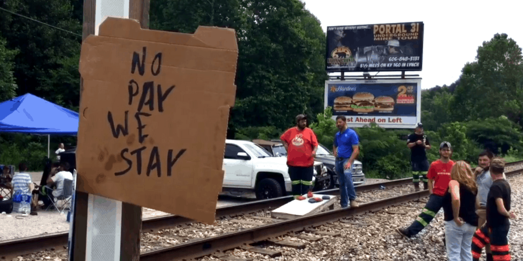 Still from Wright, These Kentucky miners blocked a train. They said they’re here to stay. (1:38)